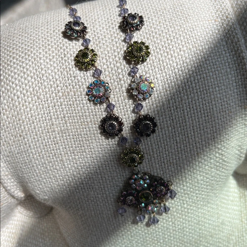 Liz Palacios Purple Pink Green Aurora Borealis Crystal Flower Pendant Necklace - Picture 8 of 14